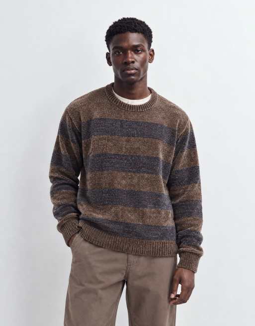 Brave Soul chenille crew neck jumper in taupe and navy stripe, 9 of 9