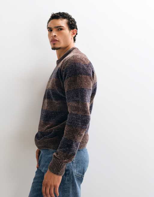 Brave Soul chenille crew neck sweater in taupe and navy stripe, 4 of 9