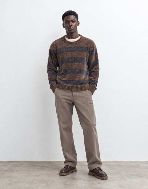 Brave Soul chenille crew neck sweater in taupe and navy stripe, 6 of 9