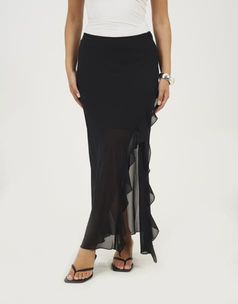 Brave Soul Chiffon midi skirt with frill detail in black