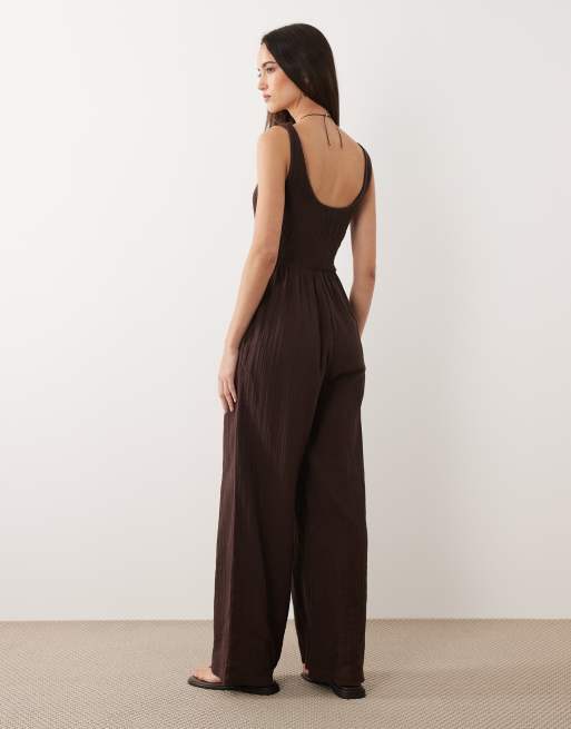 Brave Soul - Chokoladebrun jumpsuit med dyb rund hals, 4 af 4