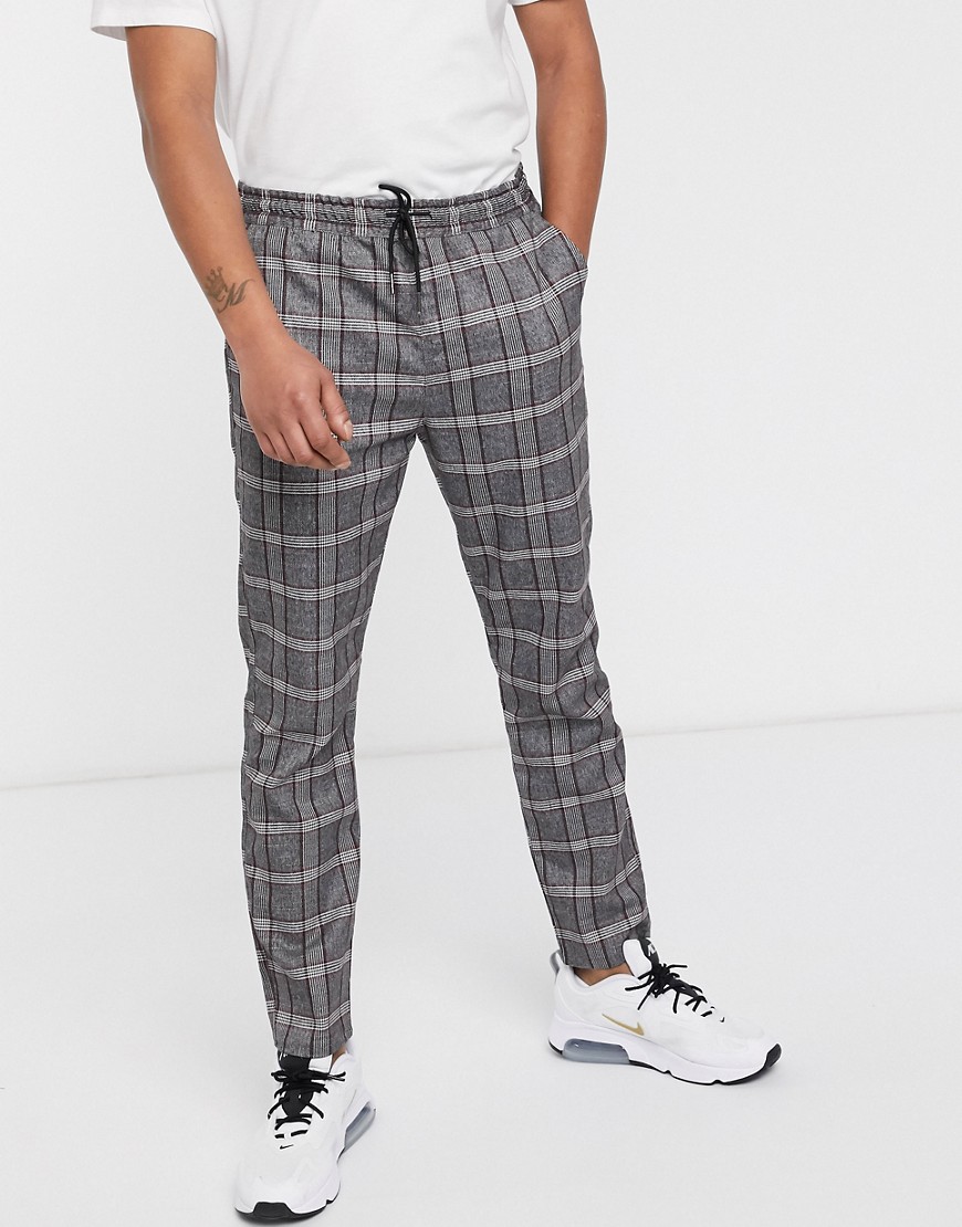 Brave Soul christian tapered drawstring trousers in check-Grey
