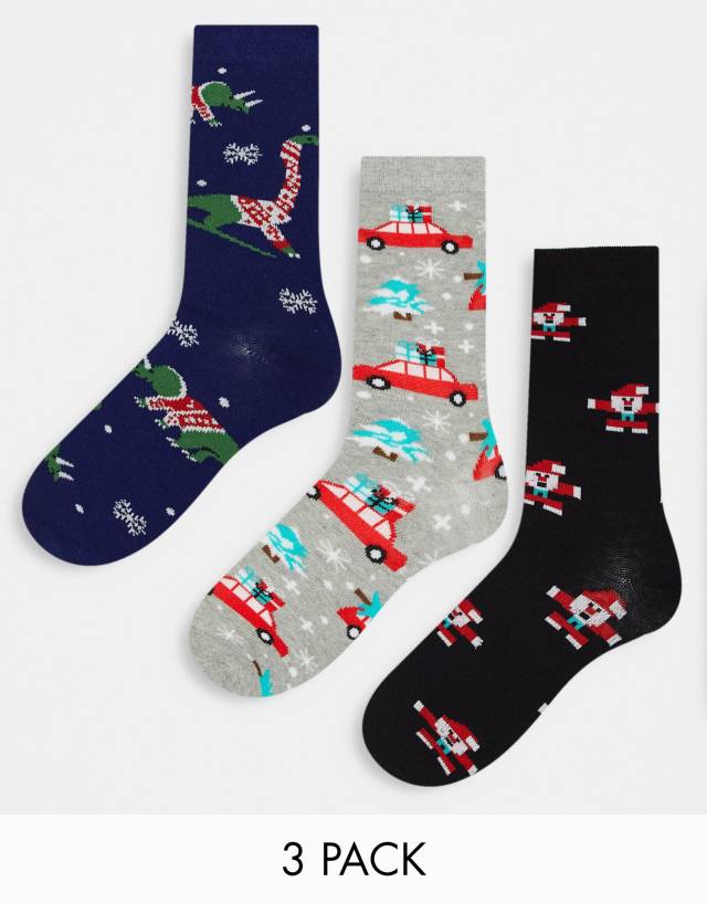 Brave Soul Christmas 3-pack dinosaur socks in navy and gray