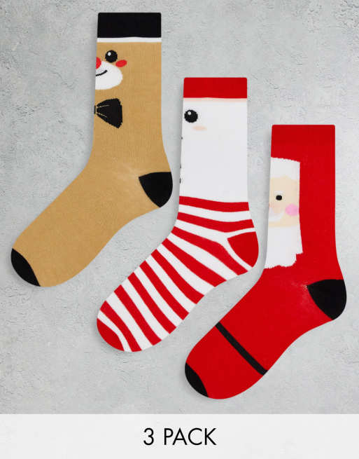 Brave Soul Christmas 3 pack santa snowman socks in red and white