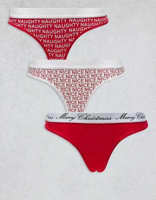 Brave Soul Brave Soul Christmas 3 pack thongs in naughty and nice print-Multi