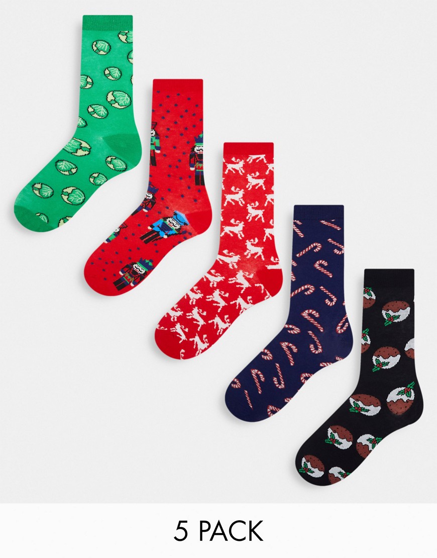 Brave Soul Christmas 5 Pack Brussel Sprouts Socks In Red And Green