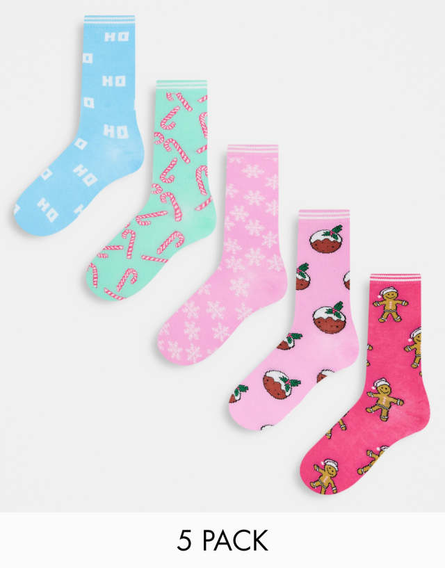 Brave Soul Christmas 5 pack socks in pastel pink blue and green