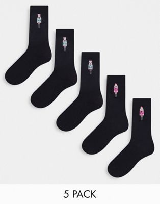 Brave Soul christmas 5 pack socks with nutcracker embroidery in black