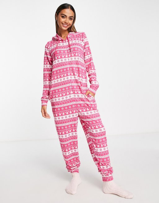 Brave Soul christmas candy cane fair isle all in one in pink