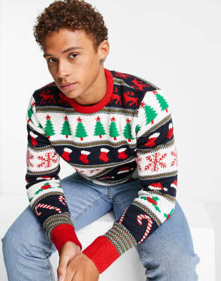 Brave Soul Christmas crew neck jumper in red multi