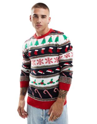 Brave Soul Brave Soul Christmas crew neck jumper in red multi