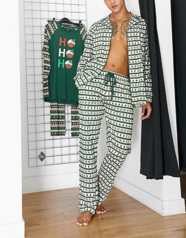 Brave Soul christmas fairisle long pajama set in ecru and forest green