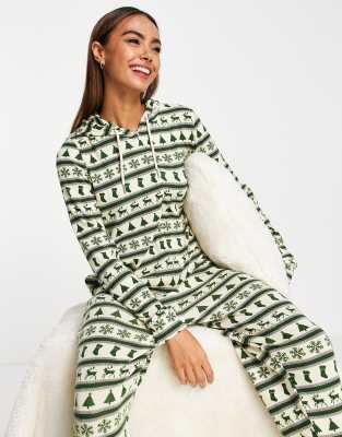 Brave Soul Christmas fairisle onesie in dark green and ecru-White