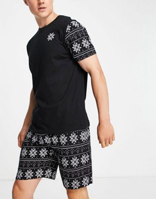 Brave Soul Christmas fare isle pyjama short set in black (24395472)