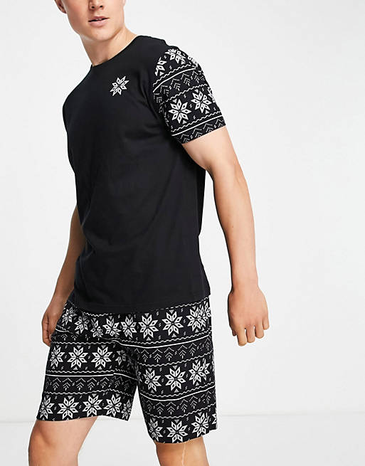 Brave Soul Christmas fare isle pyjama short set in black