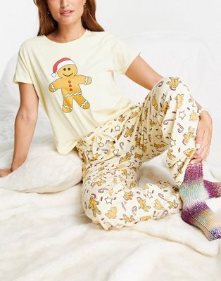 Brave Soul Christmas gingerbread man pyjama set in pale yellow