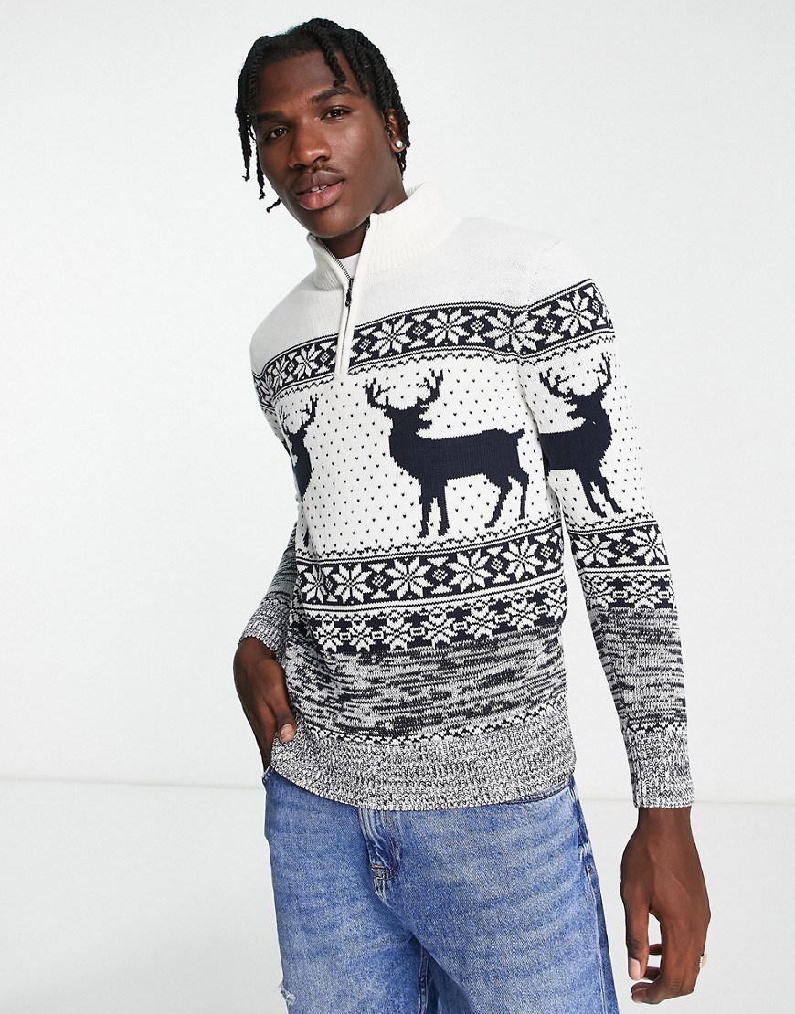 Brave Soul Christmas half zip sweater in optic white