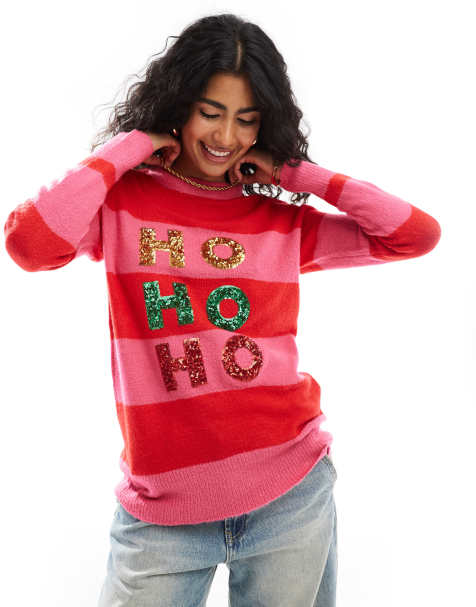 Brave Soul Christmas jumper in red and pink stripe - view 1