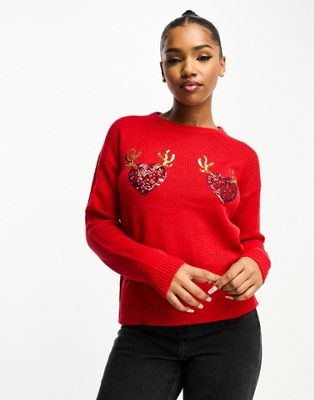 Brave Soul christmas jumper with heart antlers in red