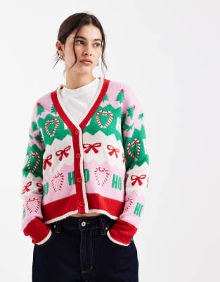 Brave Soul Christmas Print Cardigan With Contrast Trim In Multi