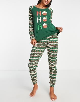 Shop Brave Soul Ho Ho Ho Fairisle Christmas Pudding Pajama Set In Green