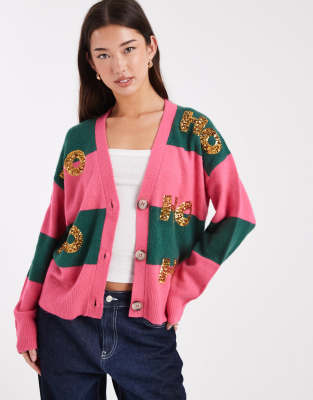 Brave Soul Christmas Striped Cardigan With Sequin Detailing In Pink