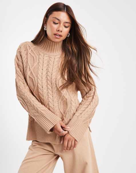 Brave Soul chunky cable knit high neck jumper in camel