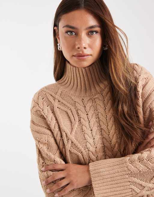 Brave Soul chunky cable knit high neck jumper in camel, 3 of 4