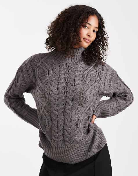 Brave Soul chunky cable knit high neck jumper in grey - view 1