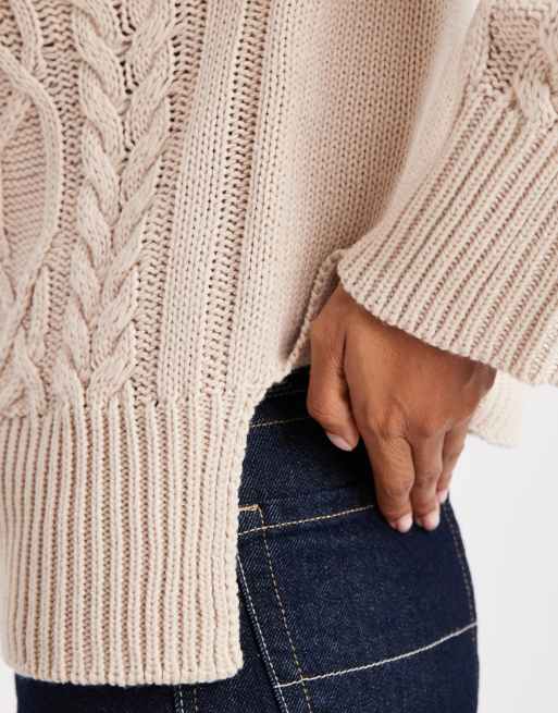 Brave Soul chunky cable knit high neck jumper in stone, 3 of 4