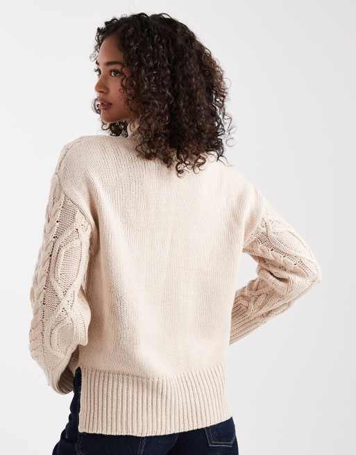 Brave Soul chunky cable knit high neck jumper in stone, 4 of 4