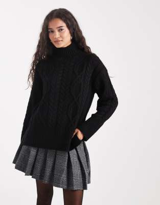 Brave Soul Chunky Cable Knit High Neck Sweater In Black