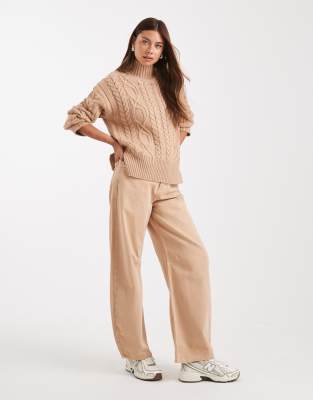 Brave Soul Chunky Cable Knit High Neck Sweater In Neutral