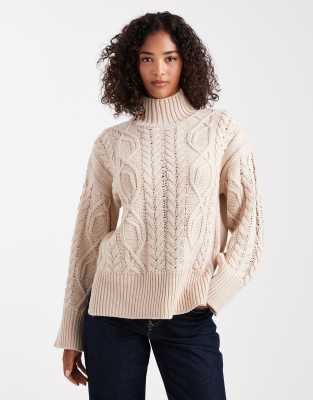 Brave Soul Chunky Cable Knit High Neck Sweater In Neutral