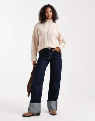 Brave Soul Chunky Cable Knit High Neck Sweater In Neutral