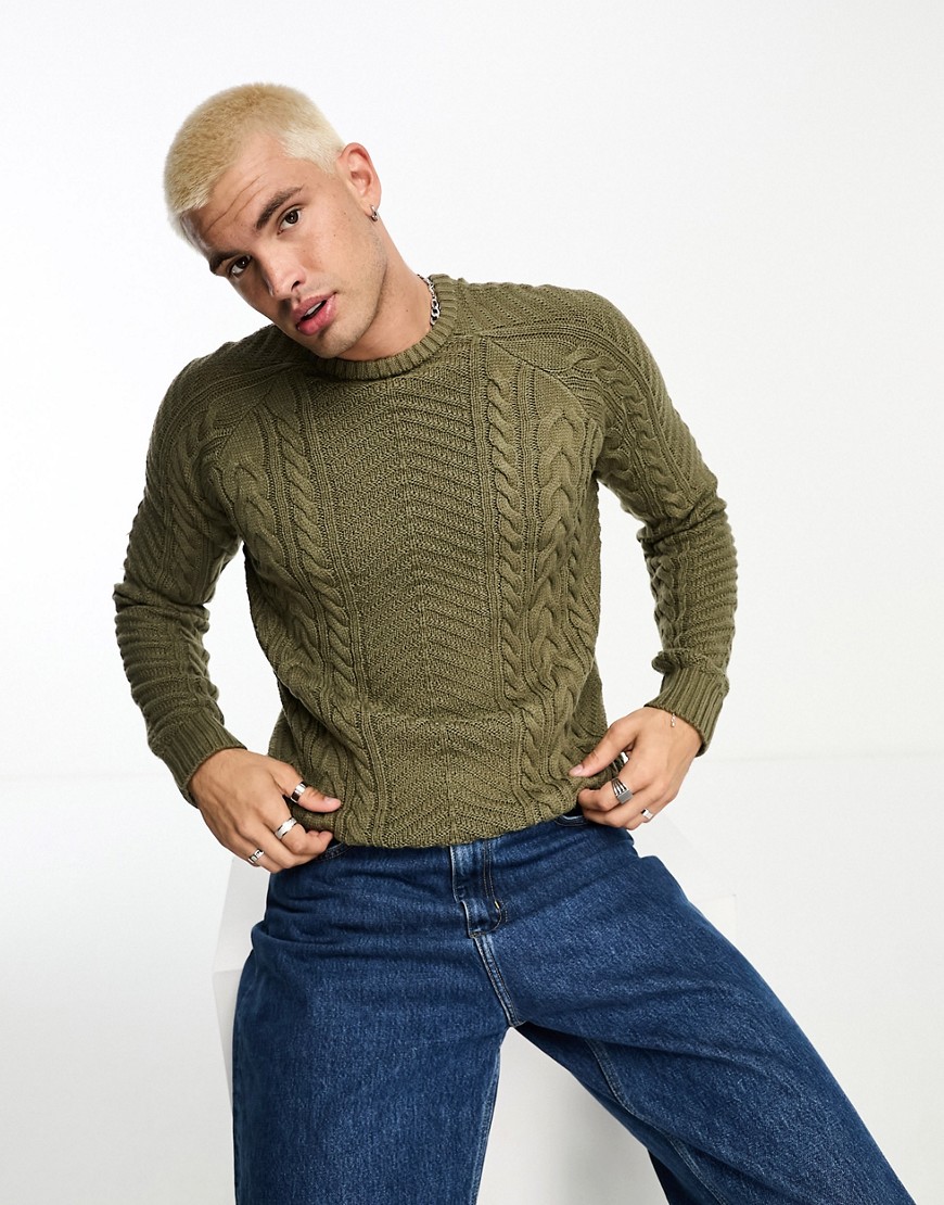 Brave Soul chunky cable knit jumper in ivy green