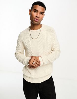 Brave Soul chunky cable knit jumper in oatmeal-Neutral