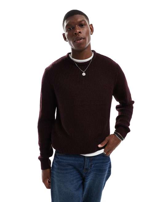 Brave Soul chunky fisherman knit jumper in burgundy ASOS