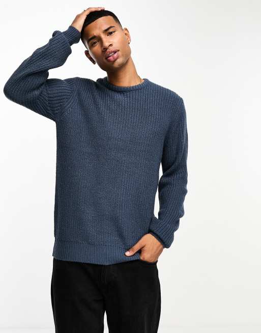 Brave Soul chunky fisherman knit jumper in denim blue | ASOS