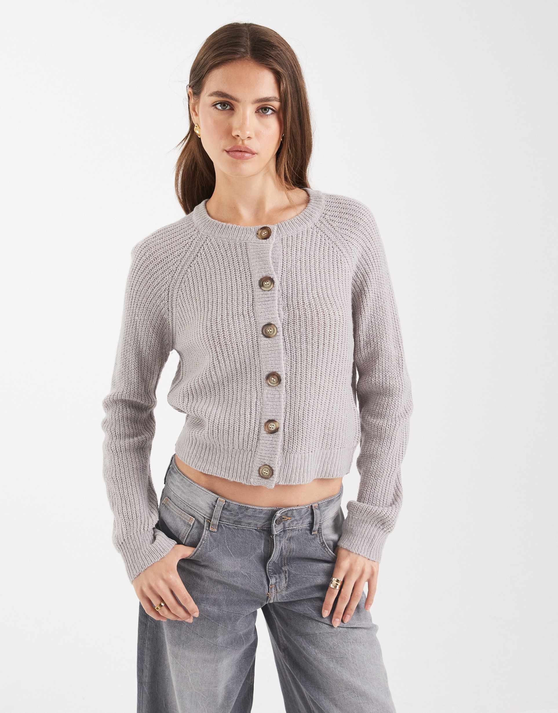 brave soul chunky knit cardigan with contrast buttons in gray