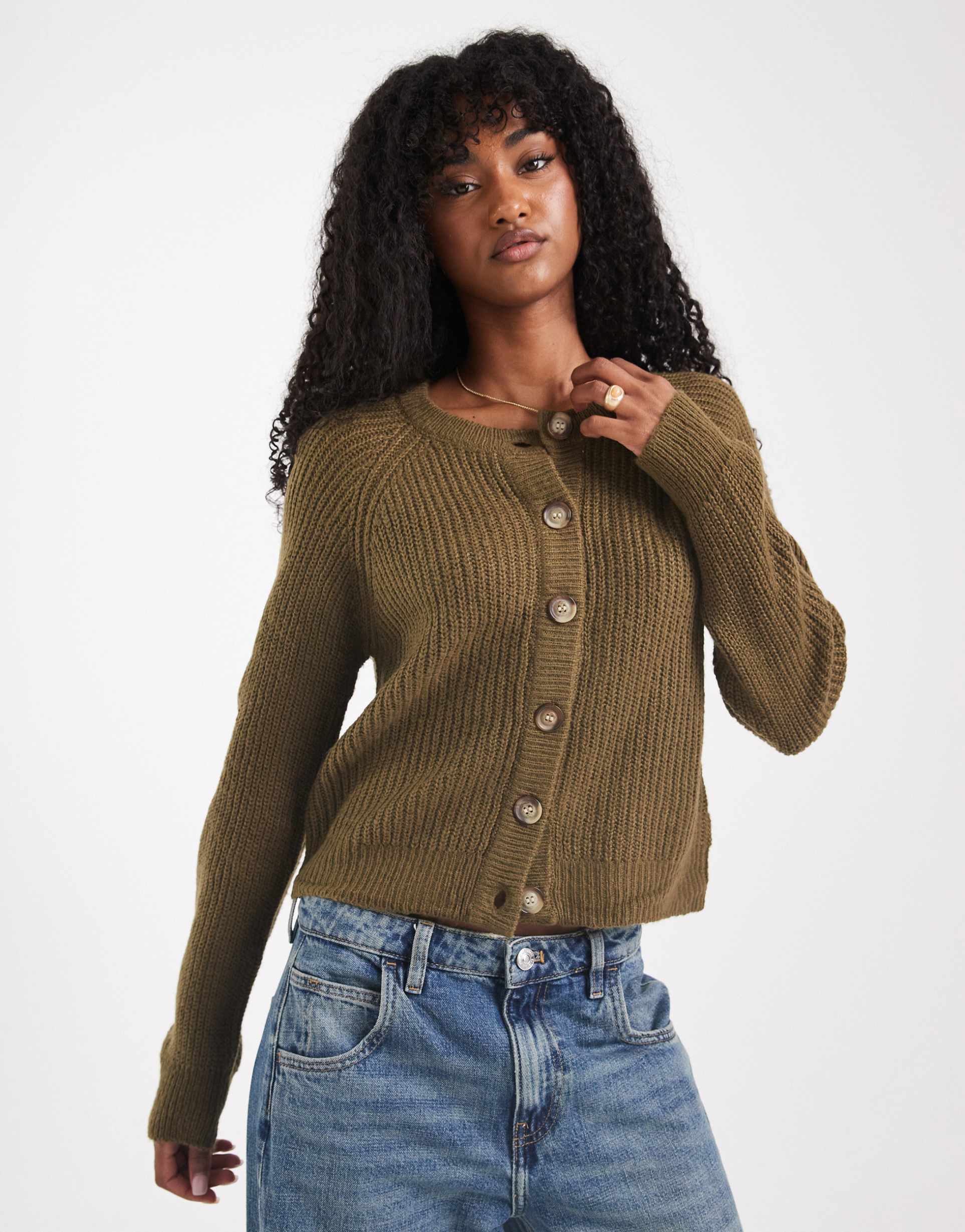 brave soul chunky knit cardigan with contrast buttons in khaki green