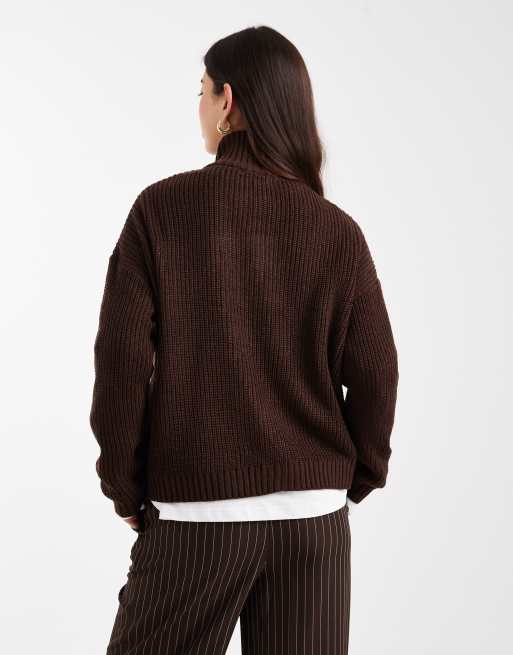 Brave Soul chunky knit quarter zip jumper in brown, 2 of 4