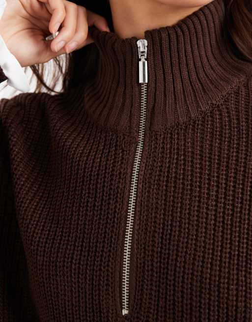 Brave Soul chunky knit quarter zip jumper in brown, 4 of 4