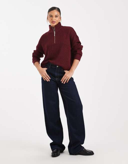 Brave Soul chunky knit quarter zip jumper in burgundy, 3 of 4