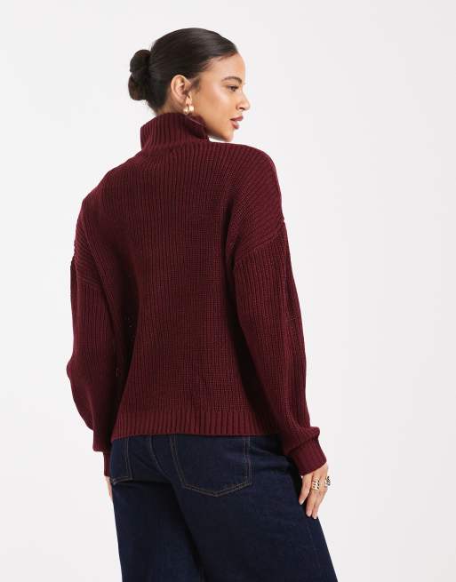 Brave Soul chunky knit quarter zip jumper in burgundy, 4 of 4