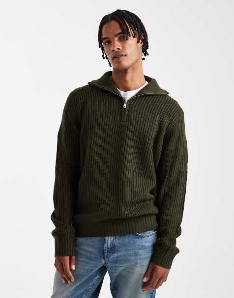 Brave Soul chunky knit quarter zip jumper in forest green - view 1