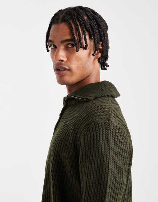 Brave Soul chunky knit quarter zip jumper in forest green, 4 of 5