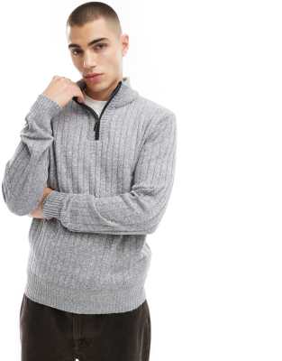 Brave Soul chunky knit quarter zip jumper in grey φωτογραφία