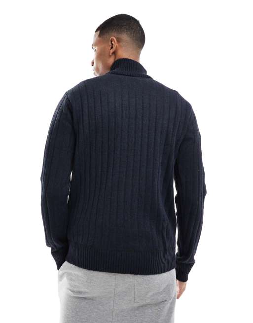 Brave Soul chunky knit quarter zip jumper in navy, 4 of 4