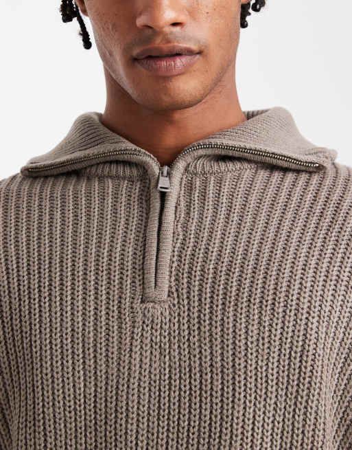 Brave Soul chunky knit quarter zip jumper in taupe, 5 of 5